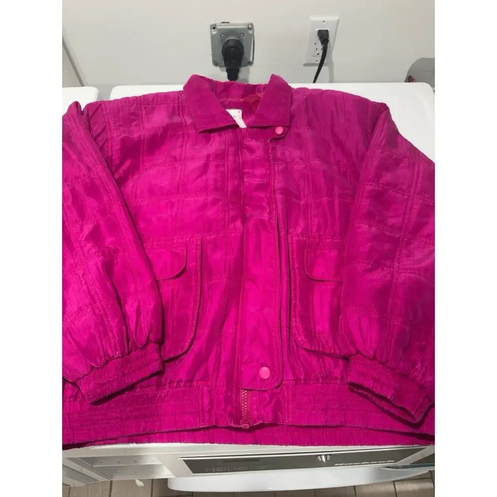 Vintage Bocoo 100% Silk Fuchsia Pink Quilted Bomber Jacket Size M Y2K